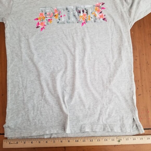 Victoria Secret PINK Bling Sequin Gray floral print long sleeve tshirt, Sz Small - Picture 11 of 12